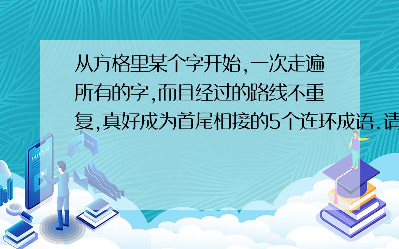 从方格里某个字开始,一次走遍所有的字,而且经过的路线不重复,真好成为首尾相接的5个连环成语.请帮我写