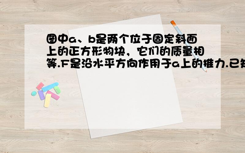 图中a、b是两个位于固定斜面上的正方形物块，它们的质量相等.F是沿水平方向作用于a上的推力.已知a、b的接触面，a、b与