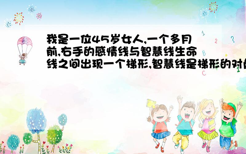 我是一位45岁女人,一个多月前,右手的感情线与智慧线生命线之间出现一个梯形,智慧线是梯形的对角线