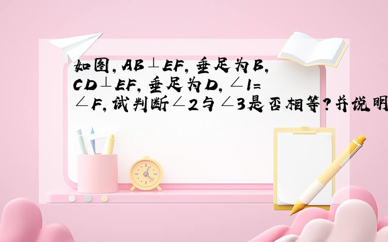 如图，AB⊥EF，垂足为B，CD⊥EF，垂足为D，∠1=∠F，试判断∠2与∠3是否相等？并说明理由．