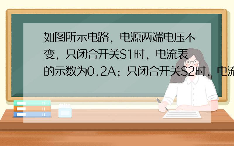 如图所示电路，电源两端电压不变，只闭合开关S1时，电流表的示数为0.2A；只闭合开关S2时，电流表的示数为0.1A；只闭