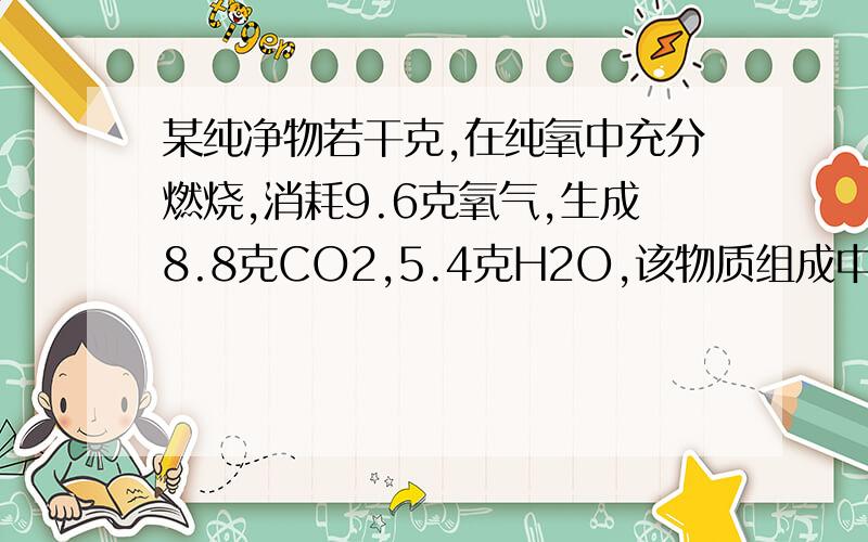 某纯净物若干克,在纯氧中充分燃烧,消耗9.6克氧气,生成8.8克CO2,5.4克H2O,该物质组成中