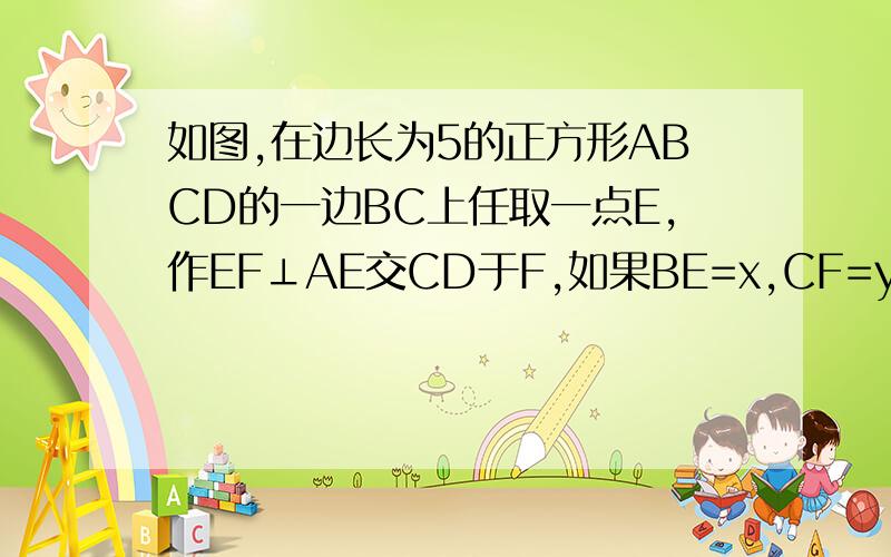 如图,在边长为5的正方形ABCD的一边BC上任取一点E,作EF⊥AE交CD于F,如果BE=x,CF=y,