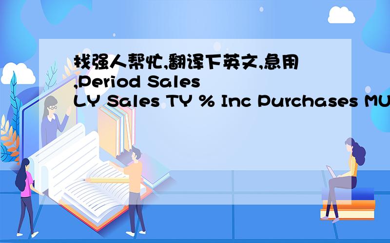 找强人帮忙,翻译下英文,急用,Period Sales LY Sales TY % Inc Purchases MU%