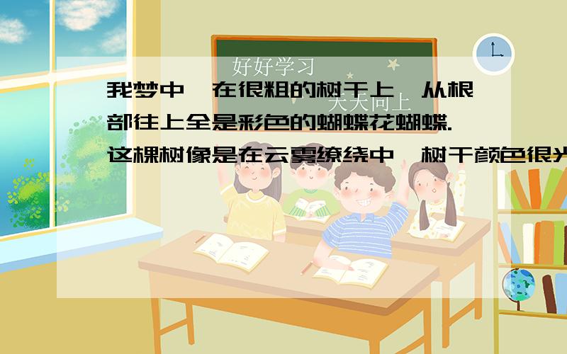 我梦中,在很粗的树干上,从根部往上全是彩色的蝴蝶花蝴蝶.这棵树像是在云雾缭绕中,树干颜色很光鲜,远离尘俗不受污染的那种,