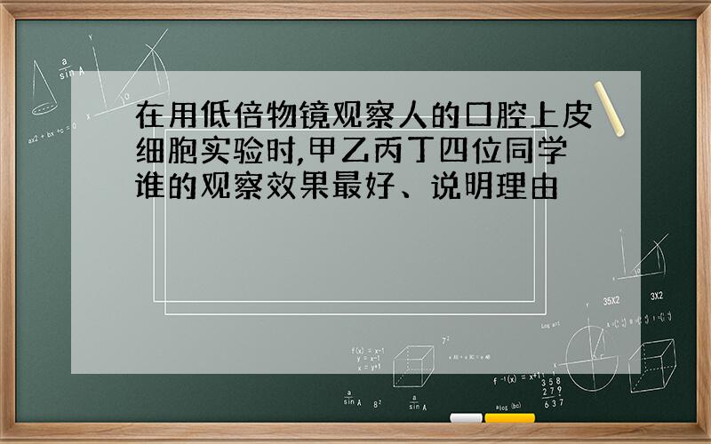 在用低倍物镜观察人的口腔上皮细胞实验时,甲乙丙丁四位同学谁的观察效果最好、说明理由