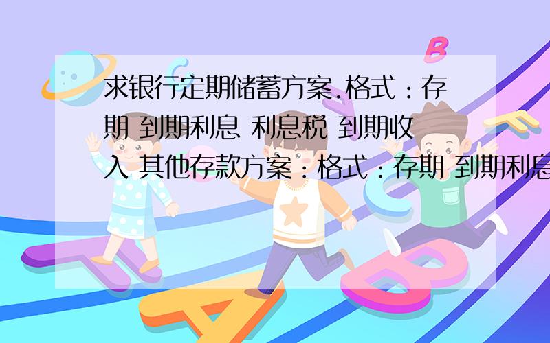 求银行定期储蓄方案.格式：存期 到期利息 利息税 到期收入 其他存款方案：格式：存期 到期利息 利息税