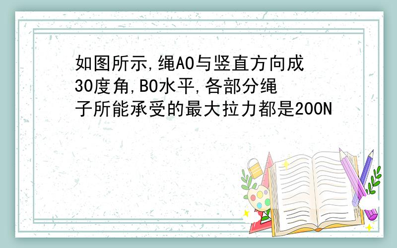 如图所示,绳AO与竖直方向成30度角,BO水平,各部分绳子所能承受的最大拉力都是200N