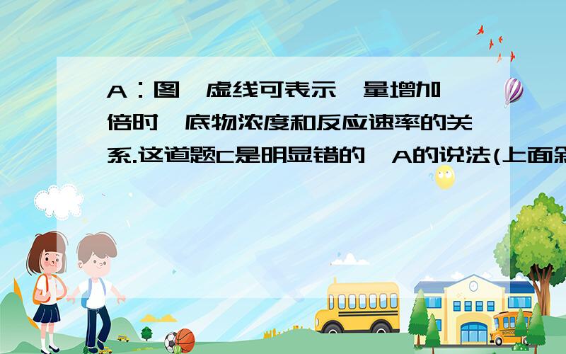 A：图一虚线可表示酶量增加一倍时,底物浓度和反应速率的关系.这道题C是明显错的,A的说法(上面叙述