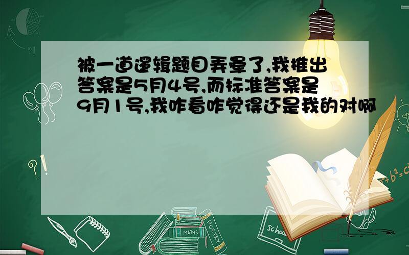 被一道逻辑题目弄晕了,我推出答案是5月4号,而标准答案是9月1号,我咋看咋觉得还是我的对啊