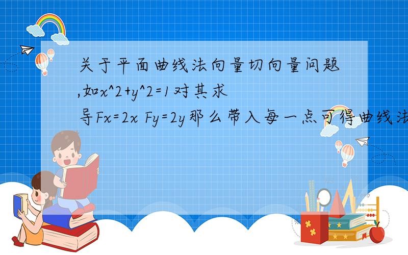 关于平面曲线法向量切向量问题,如x^2+y^2=1对其求导Fx=2x Fy=2y那么带入每一点可得曲线法向量