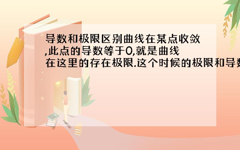 导数和极限区别曲线在某点收敛,此点的导数等于0,就是曲线在这里的存在极限.这个时候的极限和导数表达式一样吧?在非收敛点,