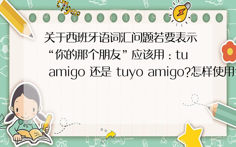 关于西班牙语词汇问题若要表示“你的那个朋友”应该用：tu amigo 还是 tuyo amigo?怎样使用tuyo,su