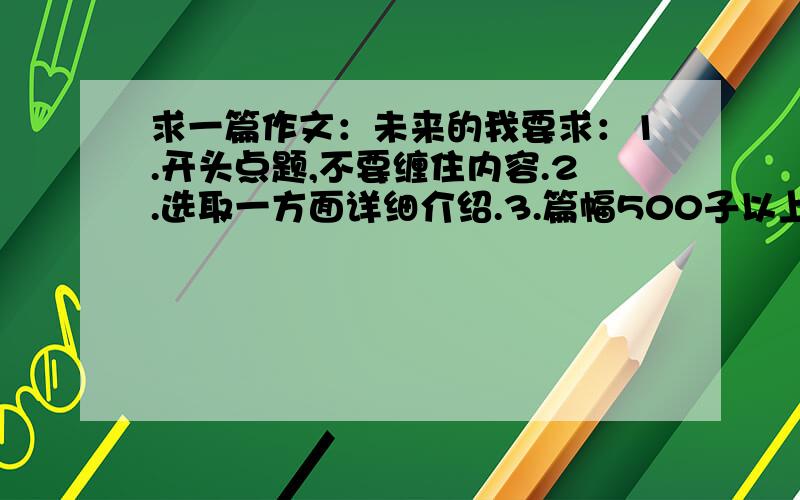 求一篇作文：未来的我要求：1.开头点题,不要缠住内容.2.选取一方面详细介绍.3.篇幅500子以上,600字一下