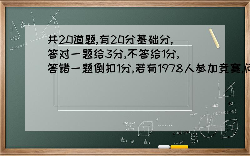 共20道题,有20分基础分,答对一题给3分,不答给1分,答错一题倒扣1分,若有1978人参加竞赛,问至少有人得分相同.