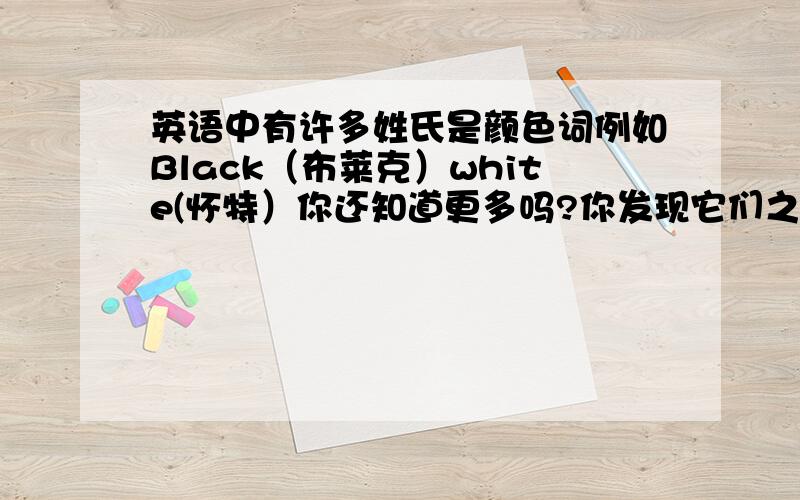 英语中有许多姓氏是颜色词例如Black（布莱克）white(怀特）你还知道更多吗?你发现它们之间的区别了吗?