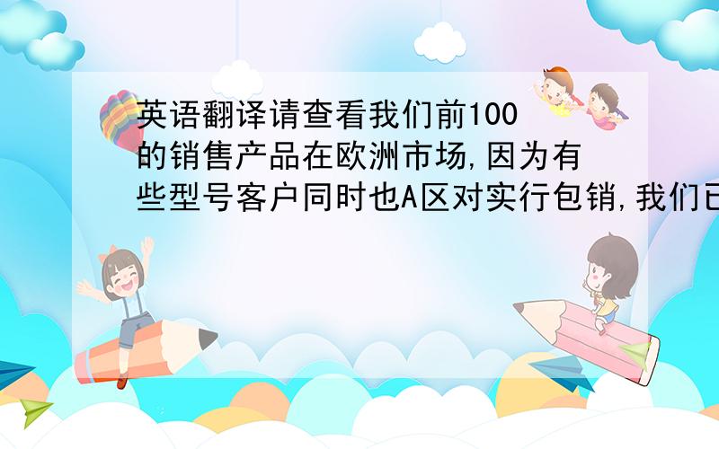 英语翻译请查看我们前100 的销售产品在欧洲市场,因为有些型号客户同时也A区对实行包销,我们已经无法销售给你.但我们也乐