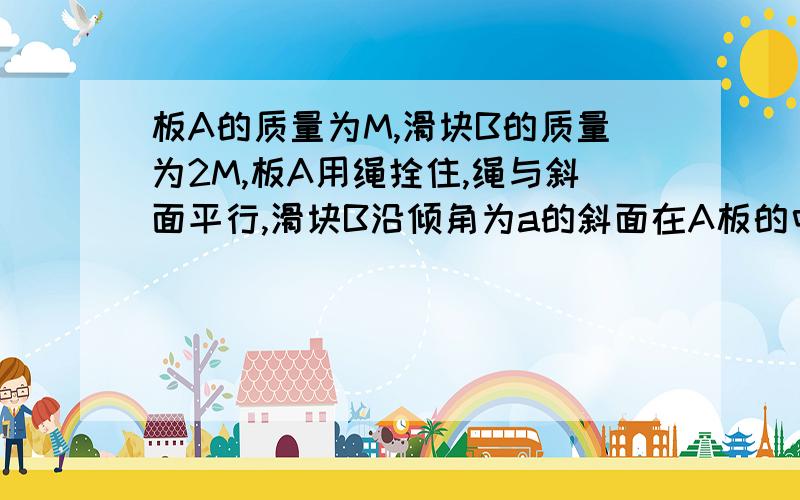 板A的质量为M,滑块B的质量为2M,板A用绳拴住,绳与斜面平行,滑块B沿倾角为a的斜面在A板的中将按一段匀速下滑,若AB