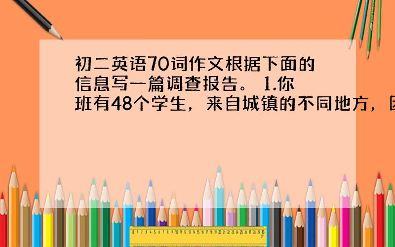 初二英语70词作文根据下面的信息写一篇调查报告。 1.你班有48个学生，来自城镇的不同地方，因此，上学方式不同。 2.2