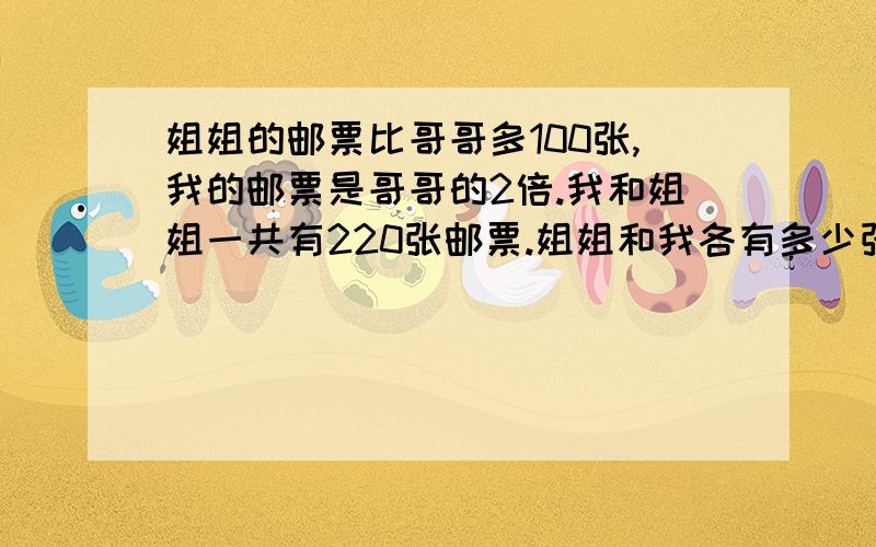 姐姐的邮票比哥哥多100张,我的邮票是哥哥的2倍.我和姐姐一共有220张邮票.姐姐和我各有多少张邮票?