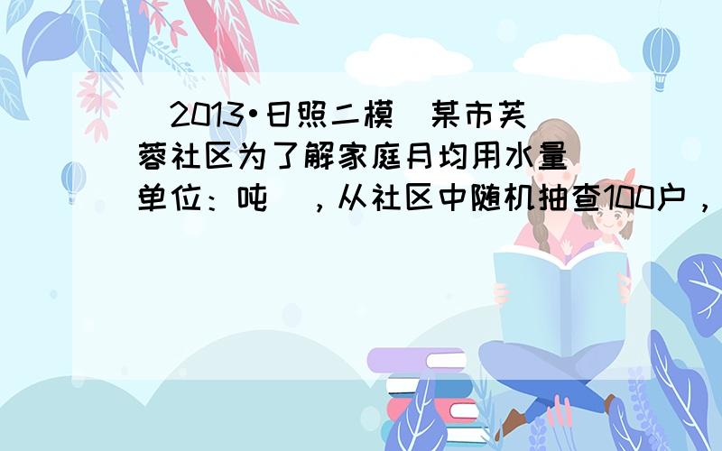 （2013•日照二模）某市芙蓉社区为了解家庭月均用水量（单位：吨），从社区中随机抽查100户，获得每户2013年3月的用