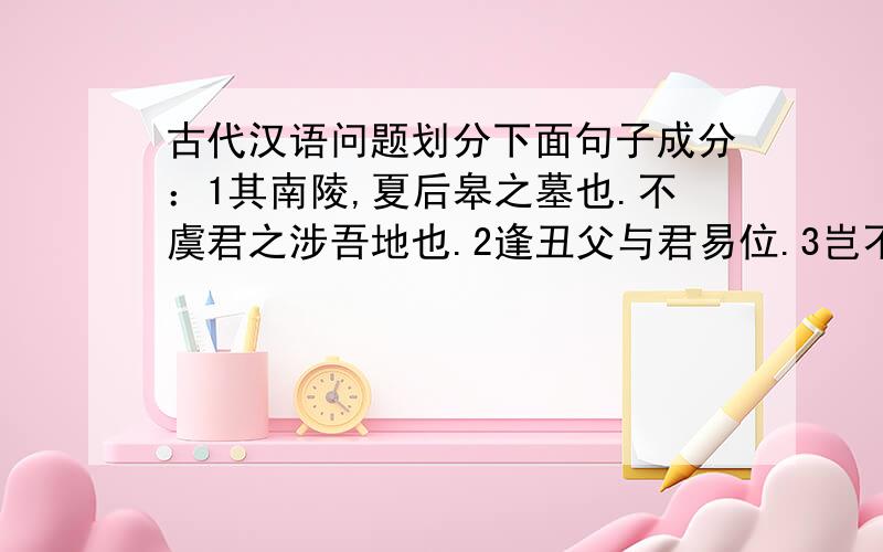 古代汉语问题划分下面句子成分：1其南陵,夏后皋之墓也.不虞君之涉吾地也.2逢丑父与君易位.3岂不谷是为?先君之好是继.4