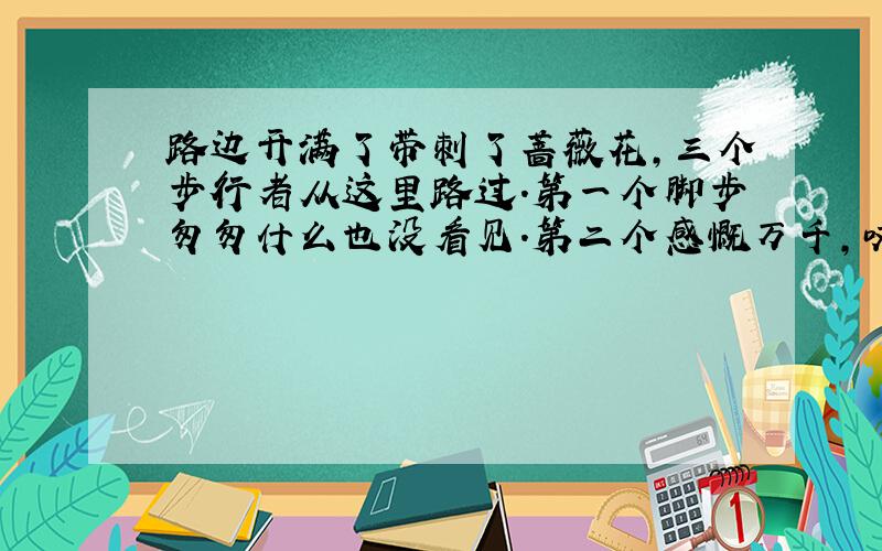 路边开满了带刺了蔷薇花,三个步行者从这里路过.第一个脚步匆匆什么也没看见.第二个感慨万千,叹了口