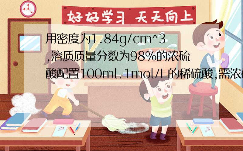 用密度为1.84g/cm^3,溶质质量分数为98%的浓硫酸配置100ml.1mol/L的稀硫酸,需浓硫酸的体积?