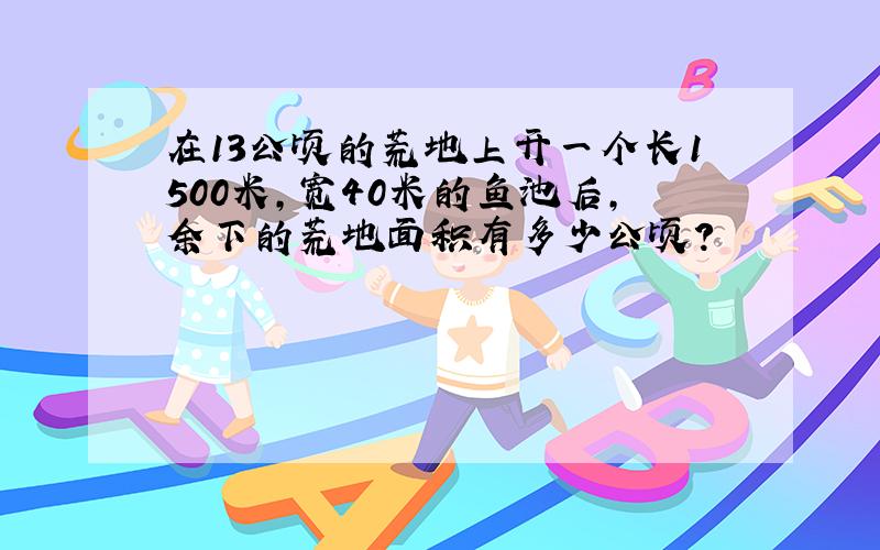 在13公顷的荒地上开一个长1500米,宽40米的鱼池后,余下的荒地面积有多少公顷?