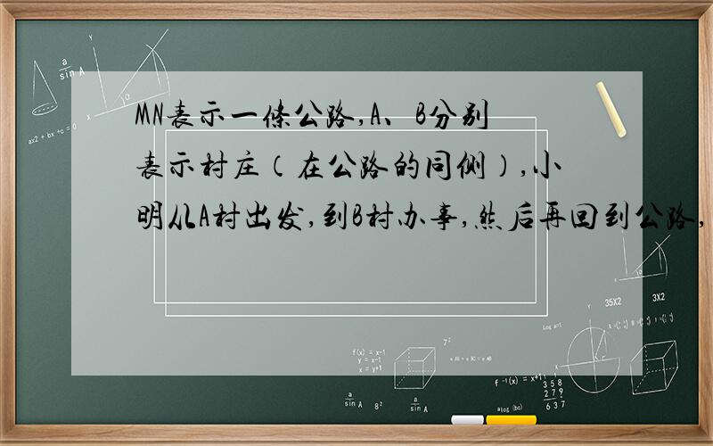 MN表示一条公路,A、B分别表示村庄（在公路的同侧）,小明从A村出发,到B村办事,然后再回到公路,怎样走最近