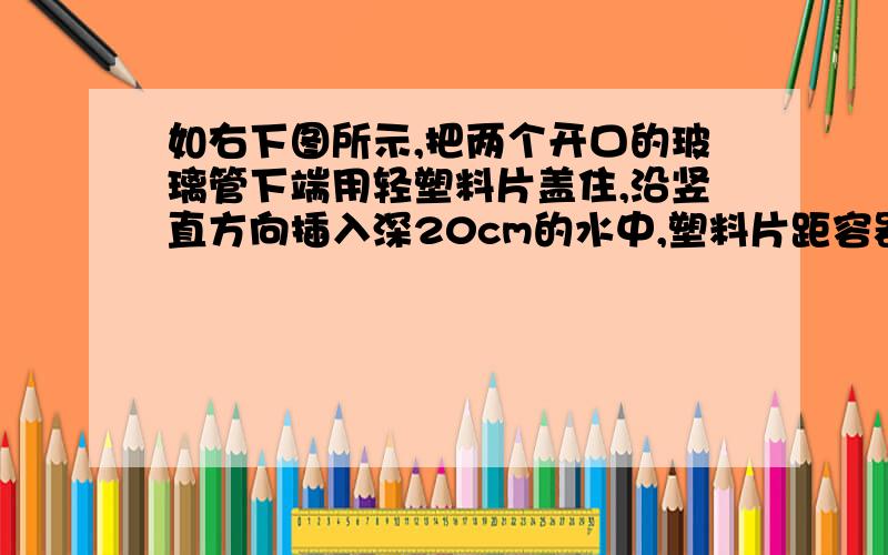 如右下图所示,把两个开口的玻璃管下端用轻塑料片盖住,沿竖直方向插入深20cm的水中,塑料片距容器底8cm.