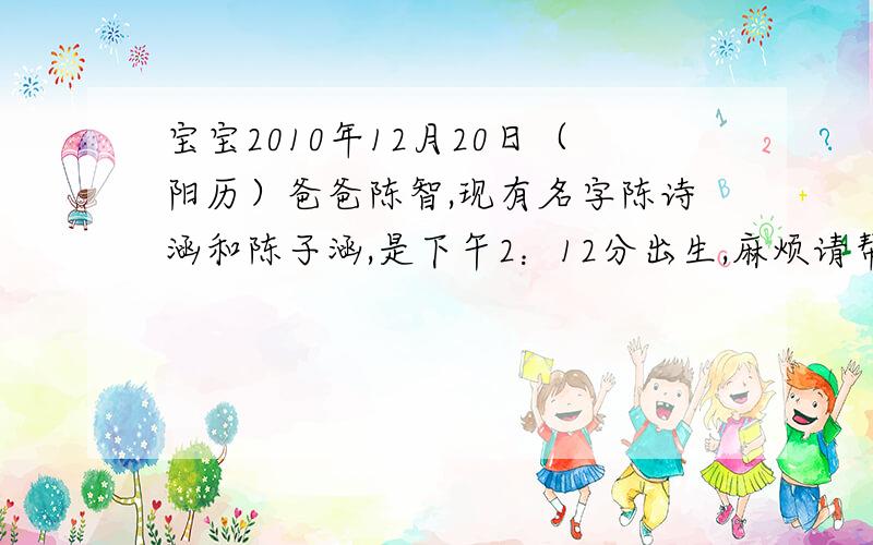 宝宝2010年12月20日（阳历）爸爸陈智,现有名字陈诗涵和陈子涵,是下午2：12分出生,麻烦请帮忙打分.