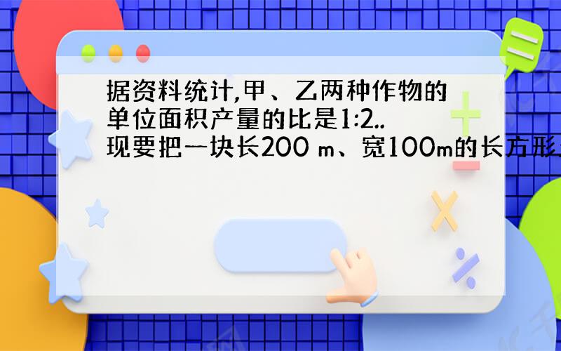 据资料统计,甲、乙两种作物的单位面积产量的比是1:2..现要把一块长200 m、宽100m的长方形土地,分为两块小长方形