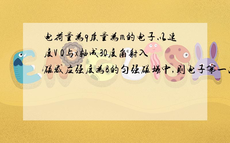 电荷量为q质量为m的电子以速度V 0与x轴成30度角射入磁感应强度为B的匀强磁场中,则电子第一次到达x轴用...