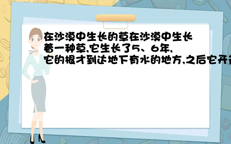 在沙漠中生长的草在沙漠中生长着一种草,它生长了5、6年,它的根才到达地下有水的地方,之后它开花就死了,这种草叫什么名字?