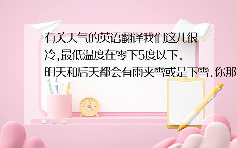 有关天气的英语翻译我们这儿很冷,最低温度在零下5度以下,明天和后天都会有雨夹雪或是下雪.你那儿呢?（注：谢绝机器翻译）