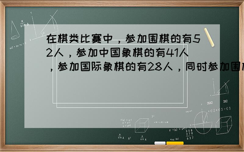 在棋类比赛中，参加围棋的有52人，参加中国象棋的有41人，参加国际象棋的有28人，同时参加围棋和中国象棋的有17人，同时