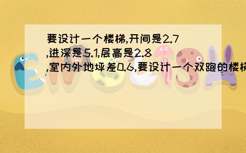 要设计一个楼梯,开间是2.7,进深是5.1,层高是2.8,室内外地坪差0.6,要设计一个双跑的楼梯该怎么设计啊