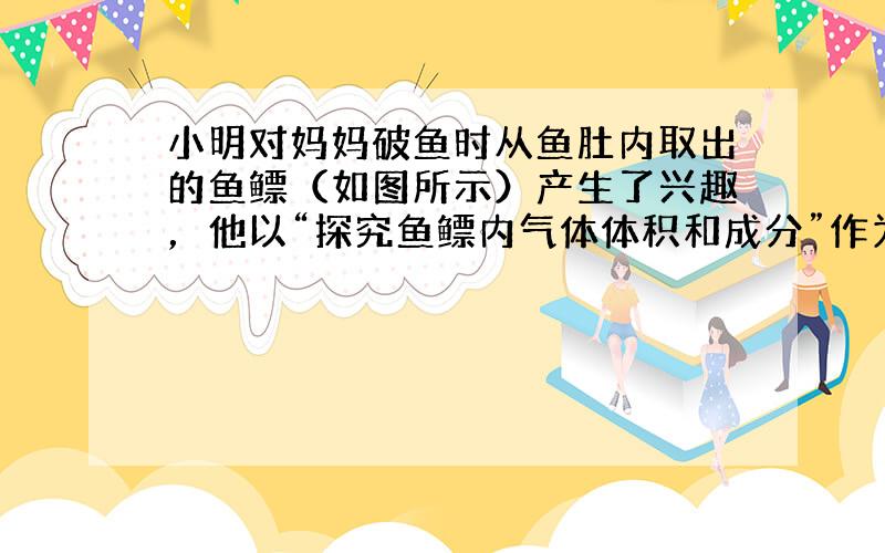 小明对妈妈破鱼时从鱼肚内取出的鱼鳔（如图所示）产生了兴趣，他以“探究鱼鳔内气体体积和成分”作为研究性学习的课题，小明通过