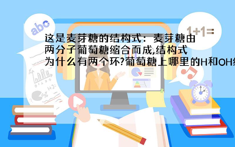 这是麦芽糖的结构式：麦芽糖由两分子葡萄糖缩合而成,结构式为什么有两个环?葡萄糖上哪里的H和OH结合成水?为什么没有醛基?