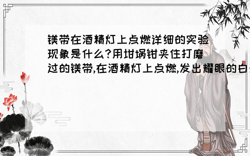 镁带在酒精灯上点燃详细的实验现象是什么?用坩埚钳夹住打磨过的镁带,在酒精灯上点燃,发出耀眼的白光,放出大量的热,产生白色