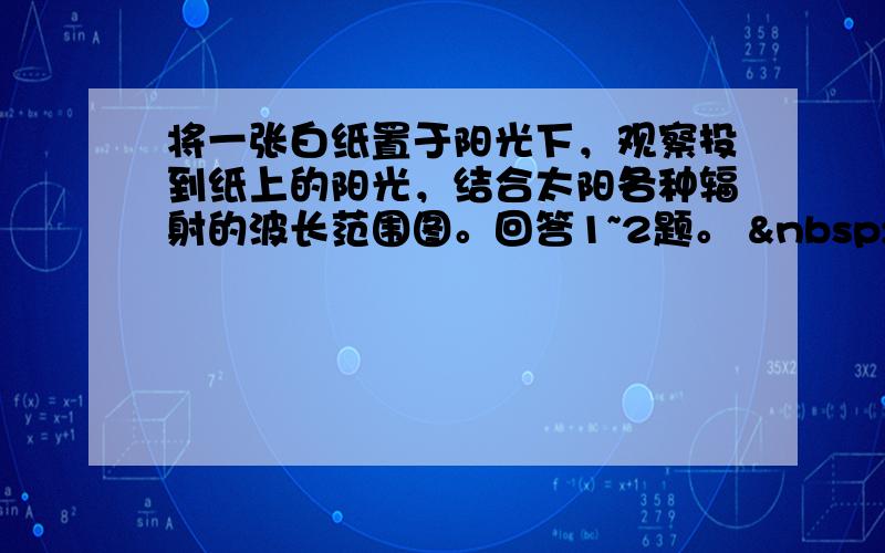 将一张白纸置于阳光下，观察投到纸上的阳光，结合太阳各种辐射的波长范围图。回答1~2题。   &nbs