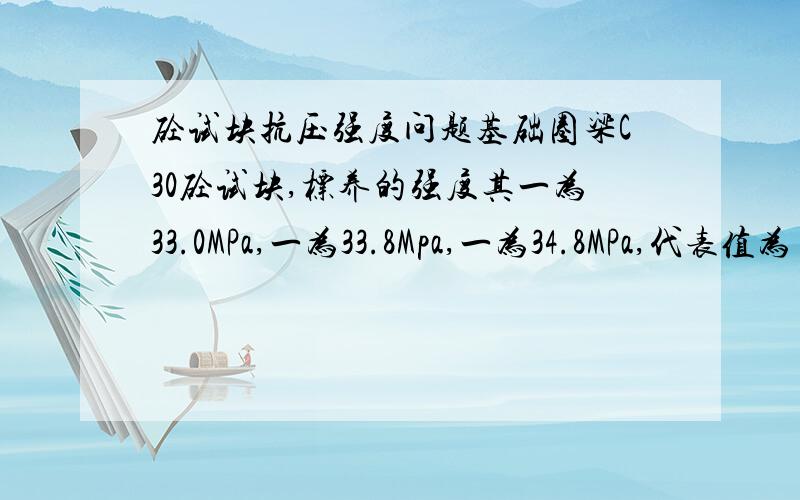 砼试块抗压强度问题基础圈梁C30砼试块,标养的强度其一为33.0MPa,一为33.8Mpa,一为34.8MPa,代表值为