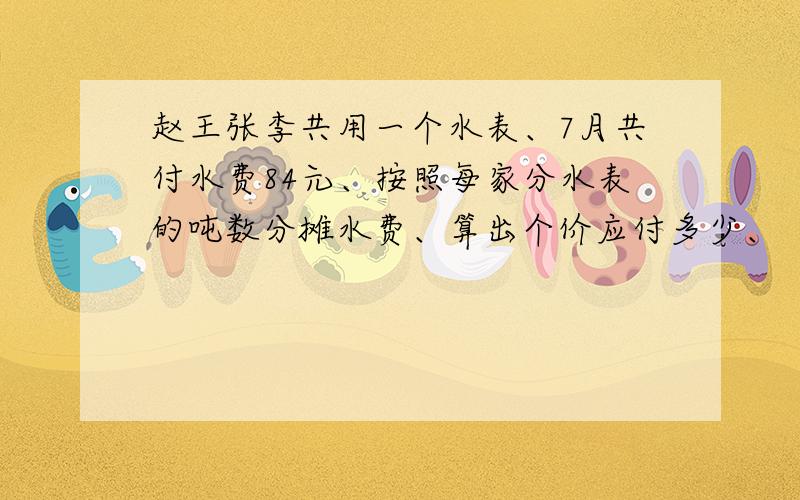 赵王张李共用一个水表、7月共付水费84元、按照每家分水表的吨数分摊水费、算出个价应付多少、