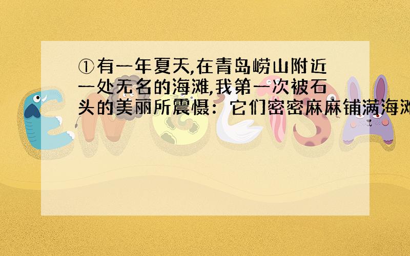 ①有一年夏天,在青岛崂山附近一处无名的海滩,我第一次被石头的美丽所震慑：它们密密麻麻铺满海滩,浸润在阳光下微微动荡的海水