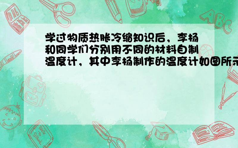 学过物质热胀冷缩知识后，李杨和同学们分别用不同的材料自制温度计，其中李杨制作的温度计如图所示，他们规定自制温度计的分度值