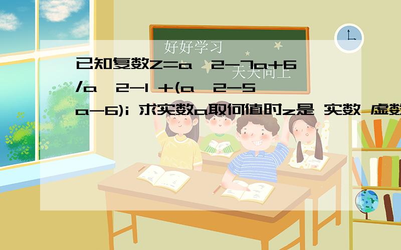 已知复数Z=a^2-7a+6/a^2-1 +(a^2-5a-6)i 求实数a取何值时z是 实数 虚数 纯虚数