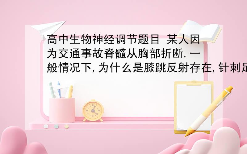 高中生物神经调节题目 某人因为交通事故脊髓从胸部折断,一般情况下,为什么是膝跳反射存在,针刺足部无感