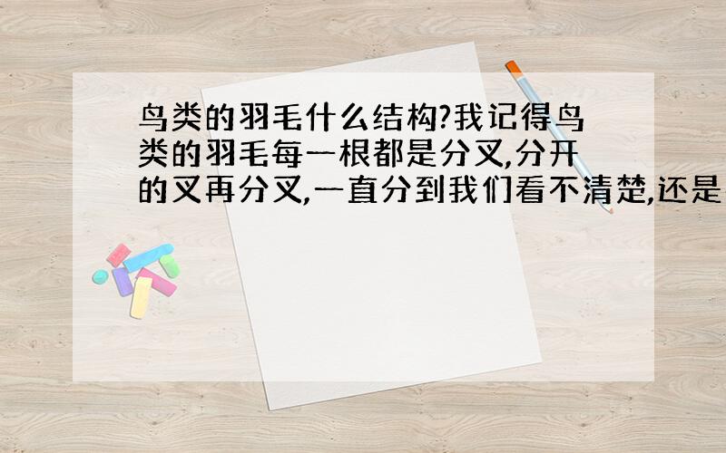 鸟类的羽毛什么结构?我记得鸟类的羽毛每一根都是分叉,分开的叉再分叉,一直分到我们看不清楚,还是在分叉.好像雪花也是这样的