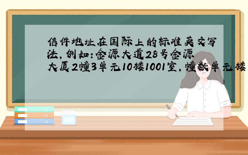 信件地址在国际上的标准英文写法,例如：金源大道28号金源大厦2幢3单元10楼1001室,幢数单元楼层门号能用缩写也可以,